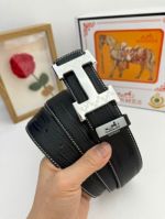 1:1  Hermes  Black Leather Belt  with Silver"H" buckle Buckle with Pattern Vein 3.8cm